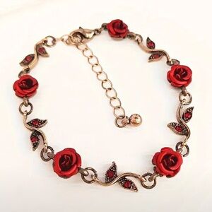 Red Rose & Red Crystal Antique Bronze Toned Bracelet